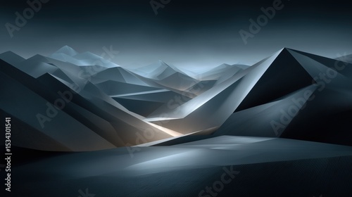 Low-Poly Mountain Range with Sharp Edges and Gradient Light in Surreal Night Atmosphere

