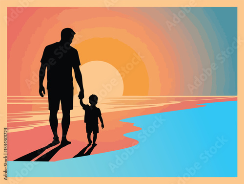 Loving father walking side by side with son holding hands, fathers day vector concept. father and son walking silhouette