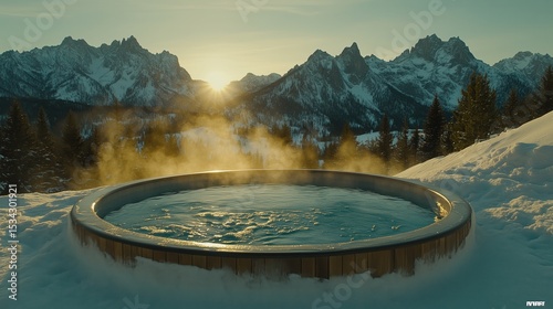 A small pool of water is surrounded by snow and trees