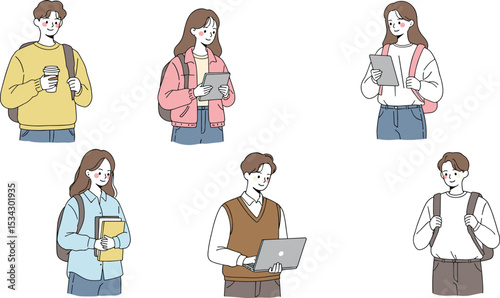 Group of young students holding books, tablets, and laptops, casual outfit, back to school, modern learning, university lifestyle, vector cartoon on white background