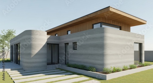 Fototapeta Naklejka Na Ścianę i Meble -  Innovative 3d concrete printing architecture: modern sustainable house design