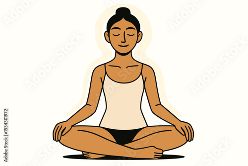 Smiling woman meditating in yoga pose glowing with peace and mental health harmony