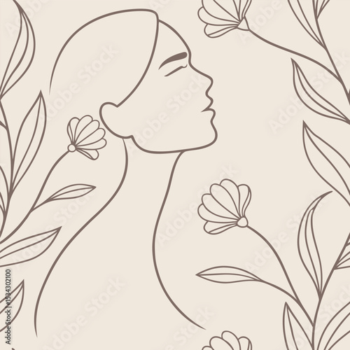 A woman with light skin and long hair, surrounded by flowers and leaves in a minimalist style, on a beige background