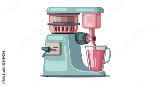 A digital illustration of a retro-styled juicer in pastel teal and pink colors. The juicer is depicted making juice, with a glass filling with a pink liquid.  The style is cartoonish and features