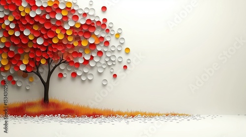 A tree made of paper is surrounded by a field of orange and yellow grass