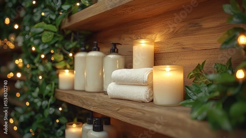 Wooden shelves display spa products, candles, greenery