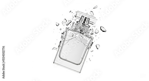Broken glass perfume bottle with shattered fragments on white