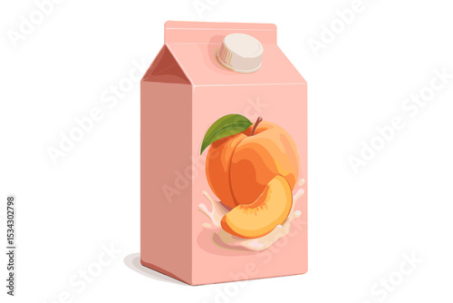 Colorful vector flat illustration of a peach juice carton with a peach and slices on a pink background