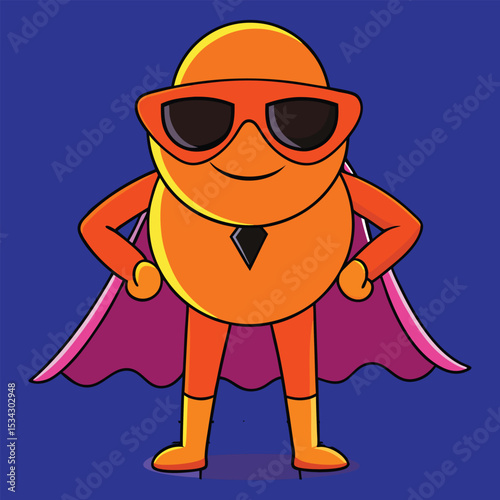 Cartoon Superhero Illustration: Orange Character with Cape and Sunglasses on Blue Background