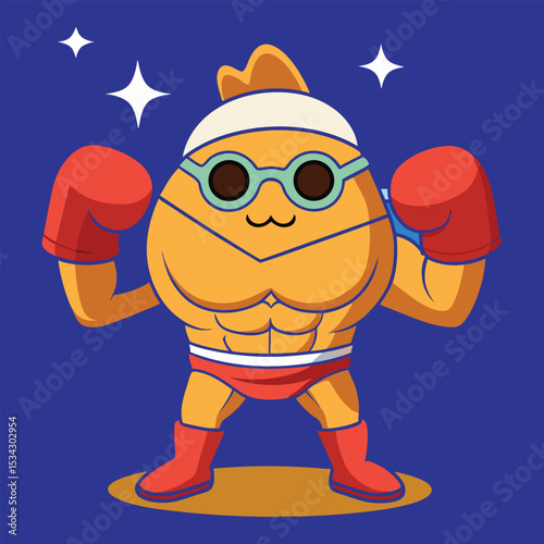 Cartoonish muscular orange fish with boxing gloves, a determined expression and stars