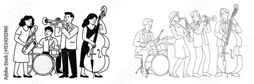 Group of musicians playing jazz instruments in a lively performance setting
