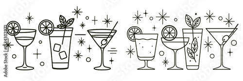 Colorful vector flat illustration of various cocktails and drinks served at evening events during summer gatherings