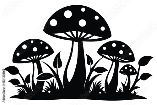 Black and White Silhouette of Mushrooms with Spots and Plants on the Ground