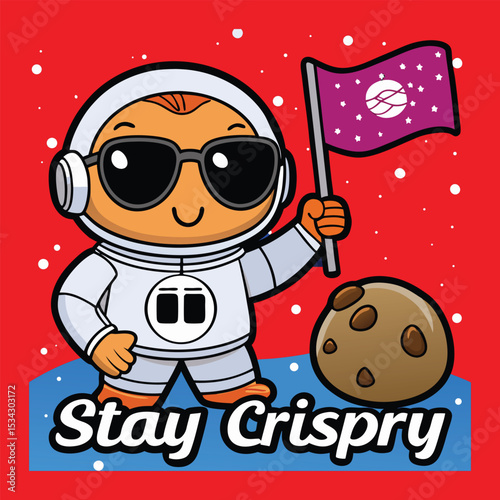 Cute Cartoon Astronaut Character Holding Flag on Cookie Planet Illustration with Text