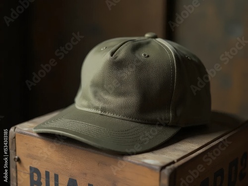 Olive Green Baseball Cap on Wooden Box