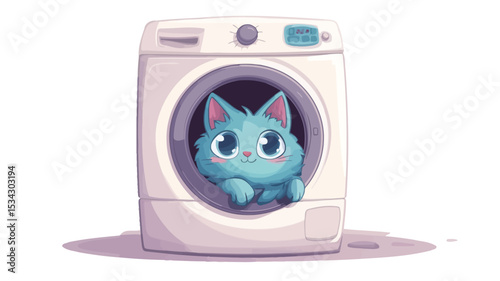 A digital illustration depicting a cartoon rendering of a light blue, fluffy cat peering out from the opening of a white front-loading washing machine. The style is cute and whimsical, with large