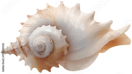 Close-up shot of a single spiral seashell against a pure white background. The shell is predominantly off-white and cream colored, with subtle variations in tone.  Its spiral form is highly