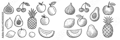 Collection of hand-drawn fruits including apples, avocados, and pineapples displayed in a stylish vector flat illustration