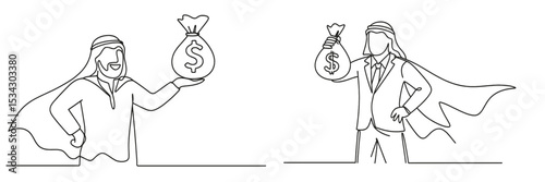 Businessman in traditional attire and superhero figure holding money bag in vector flat illustration of financial success