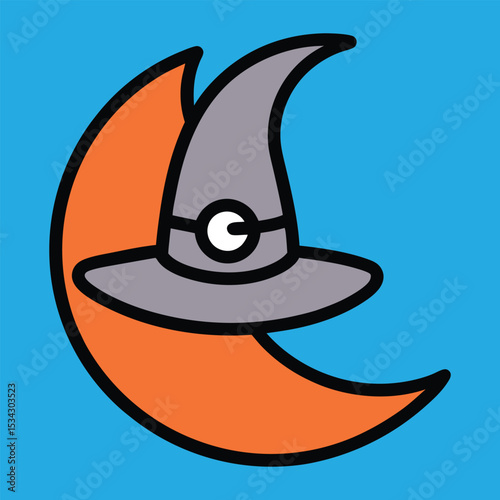 Cute Cartoon Orange Crescent Moon Wearing a Pointy Gray Witch Hat Illustration