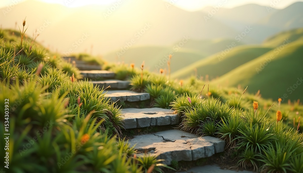 Fototapeta premium Stone steps leading up a grassy hill towards distant mountain range.