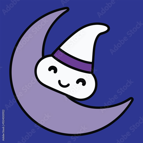 Cute Sleeping Moon Cartoon Character Wearing a Nightcap on a Dark Blue Background
