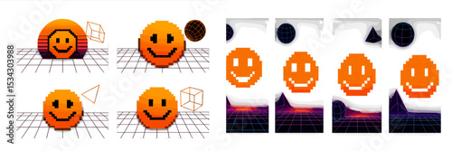Colorful vector flat illustration featuring smiling faces in a retro digital style with geometric shapes on a grid background