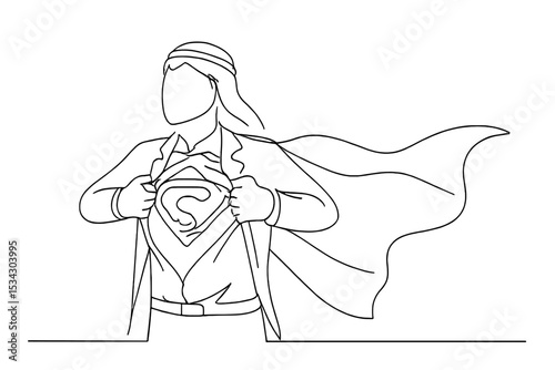 Heroic figure reveals powerful symbol in dynamic pose during bright day