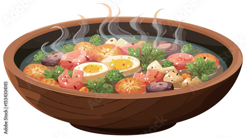 A digital illustration depicting a wide, shallow, brown wooden bowl filled with a steaming hot soup.  The soup contains visible pieces of shrimp, halved hard-boiled eggs,  various chopped