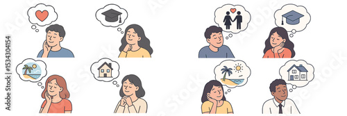 People thinking about dreams such as love, education, travel, and home in a vector flat illustration