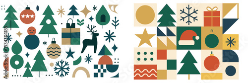Vector flat illustration depicting a festive holiday theme with Christmas trees, decorations, and gifts in bright, cheerful colors