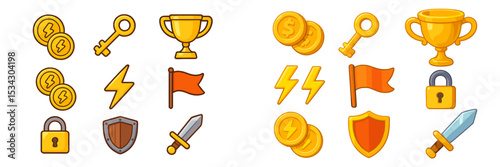 Vector flat illustration of gaming icons representing achievements, rewards, and game elements in a colorful design