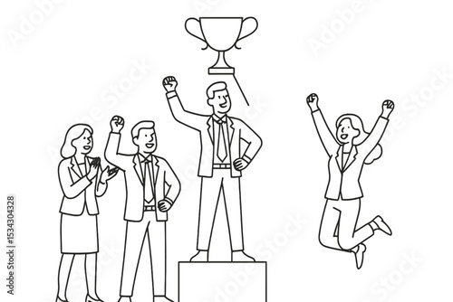 Team celebrates achievement with trophy at corporate event in a modern office environment