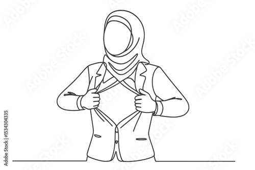 Flat vector illustration of a person revealing a hidden message while wearing a blazer and hijab in a minimalist style