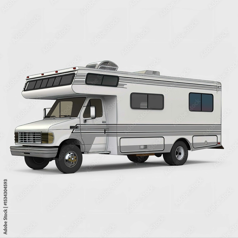 Naklejka premium White rv camper van recreational vehicle motorhome travel trailer for camping and road trip adventures