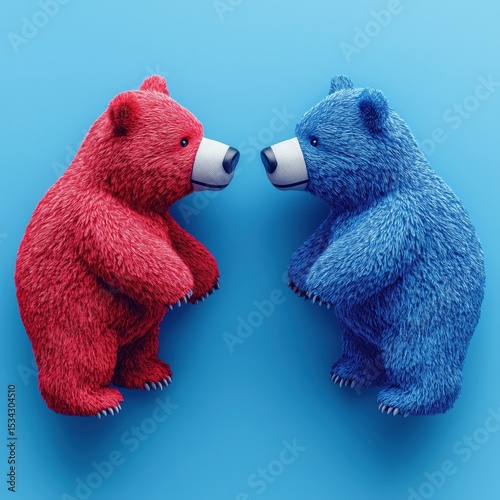 Two bears, one red and one blue, are standing next to each other