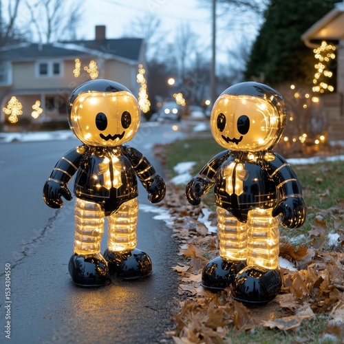 Two Halloween themed robot figures are standing on a sidewalk