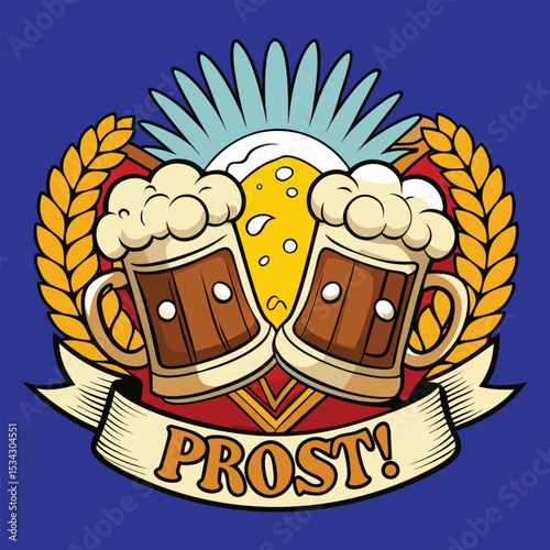 Oktoberfest Cartoon: Two frothy beer mugs with wheat wreath and 'Prost!' text