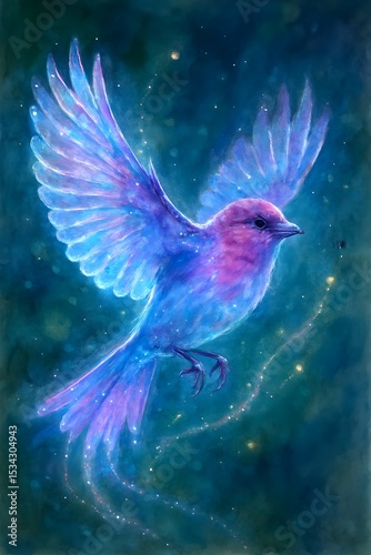 Glowing Bird in Flight with Vibrant Colors Against a Cosmic Starry Background. Aesthetic Bird background