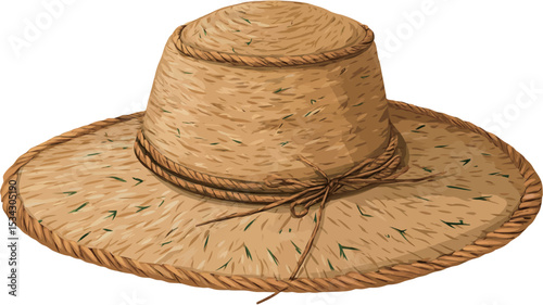 Close-up illustration of a straw boater hat. The hat is light beige or tan in color and features a wide brim. The straw weave is visible, showing a slightly textured surface. The hat is tied with a