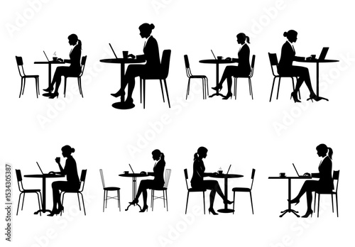 Group cafe scene silhouettes. EPS Vector Silhouette File of people working and chatting at tables black illustration for coworking themes