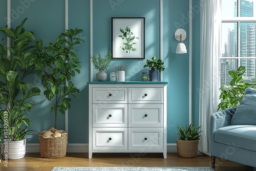 White 4-drawer storage cabinet with turquoise top panel standing beside sofa chair in bright photorealistic living room interior