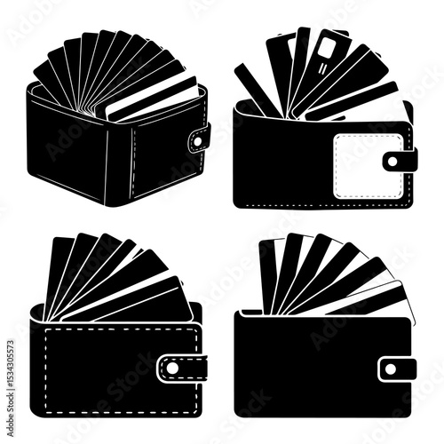 Wallet fan icon collection. EPS Vector Silhouette File of fanned wallet shapes for finance, budgeting, and cash management black illustration