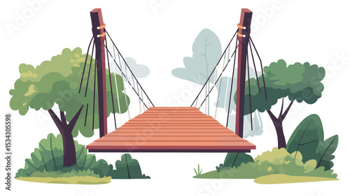 A digital illustration depicting a small, wooden suspension bridge with a flat, orange-brown deck, suspended by thick ropes from two tall, dark brown wooden posts. The bridge is positioned