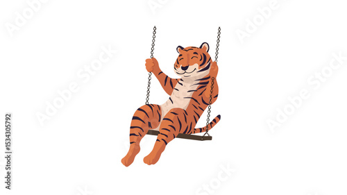 A digital illustration depicts a cartoon tiger sitting on a swing against a white background. The tiger is orange with black stripes, has a simplified design, and is depicted in a relaxed and