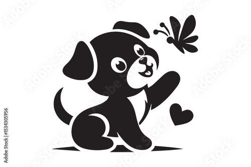 Dog Silhouette logo. Black and White Dog, Canine, Hound, Pooch, Puppy, Mutt, Tyke, Doggy.