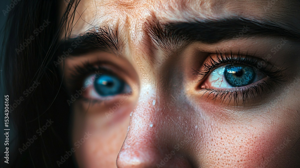 Fototapeta premium Distressed woman with teary eyes expressing deep sadness and emotional pain, mental health awareness and psychological trauma concept.
