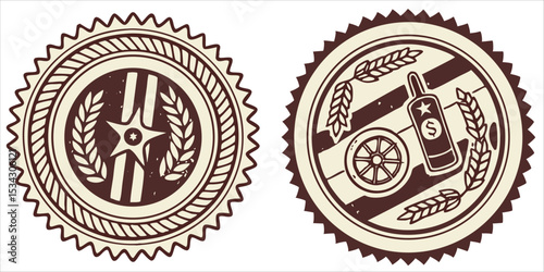Vintage style seal designs, badges with star and bottle illustrations, vector graphic elements.