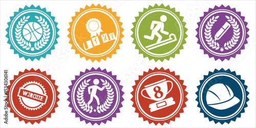Collection of badges for sports, education, construction, and achievement, vector stickers.