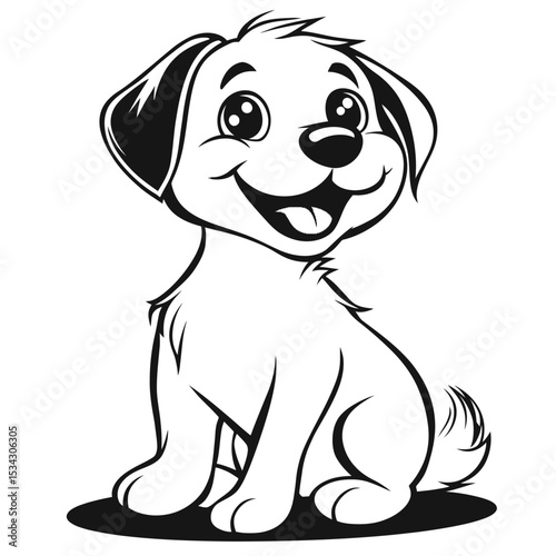 A cute, happy, brown and white cartoon puppy is sitting, a fun illustration for pet lovers